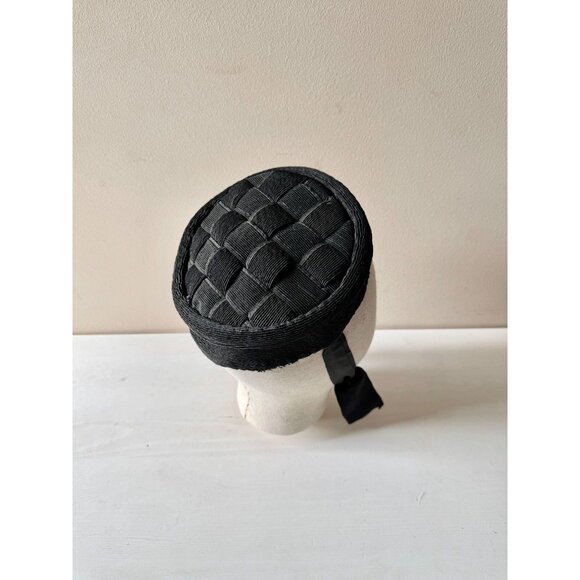 Vintage Black Woven Ribbed Straw Faille Grosgrain Chin Strap Juliet Hat - Picture 1 of 13